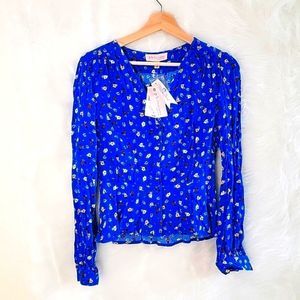 NWT PHILOSOPHY REPUBLIC BLUE PEPLUM TOP WITH RED YELLOW FLOWERS BUTTON